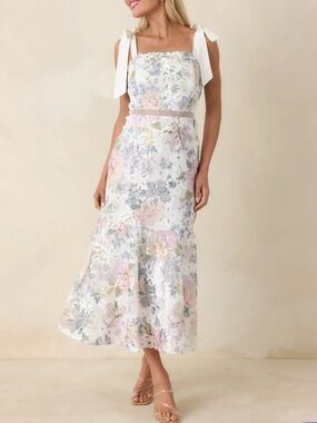 Ivory Lace Floral Midi Dress with Tie Straps